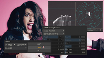 A woman with dark hair smiles against a pink backdrop, overlaid with HDR metadata and color grading charts.