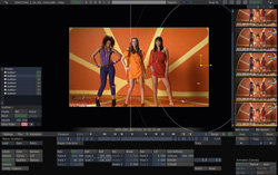 Video editing software interface showing a preview of three women posing against an orange background.