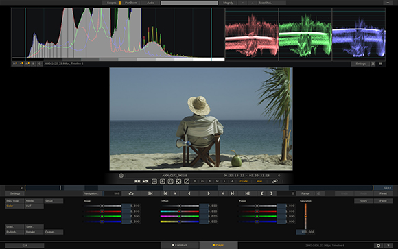Video editing software interface with color waveform scopes and a video frame of a person sitting by the ocean.