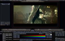 A video editing software interface displaying a cinematic scene of a person in a dark setting.