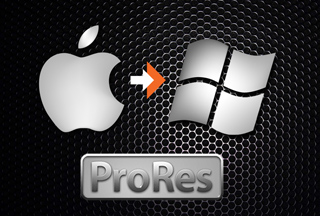 Apple logo and Windows logo separated by an orange arrow, with a ProRes label below on a dark honeycomb background.