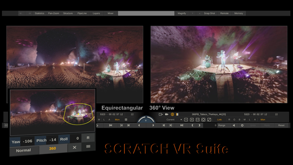 Software interface displaying equirectangular and 360-degree views of a performance in a cave-like setting.