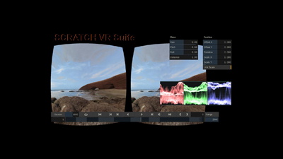 Dual-lens VR view of a rocky beach under a blue sky with digital overlays and audio waveforms.