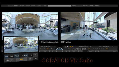 Software interface displaying equirectangular and 360 degree views of a modern interior space.