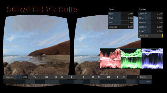 Interface of SCRATCH VR Suite displaying a rocky beach landscape and data control panels.