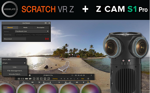 Text reading SCRATCH VR Z plus Z CAM S1 Pro over a beach scene and a 360-degree camera.