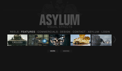 Asylum Visual Effects website with navigation menu and a gallery of film project thumbnails.