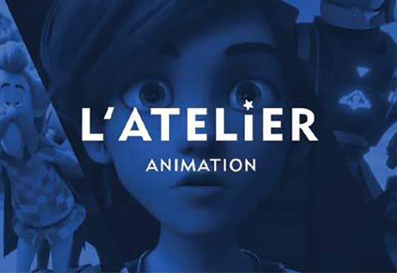 Blue-toned logo for L'Atelier Animation over a close-up of a character's face and other figures.