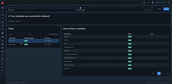 Software dashboard showing a green success message and a table of validated metadata fields.