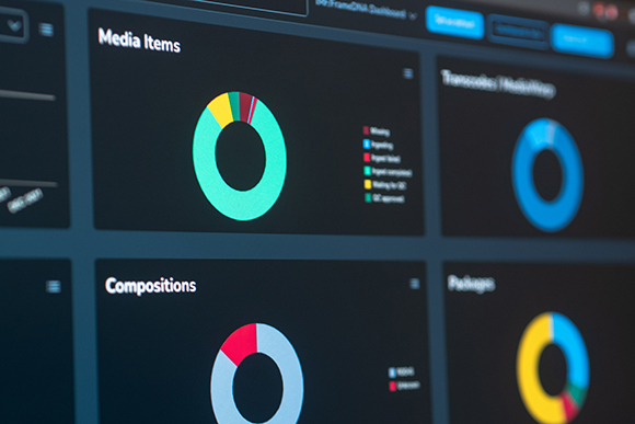 A dark-themed digital dashboard featuring multiple colorful donut charts labeled Media Items and Compositions.