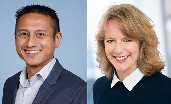 Side-by-side portraits of a smiling man in a suit and a smiling woman with blonde hair.