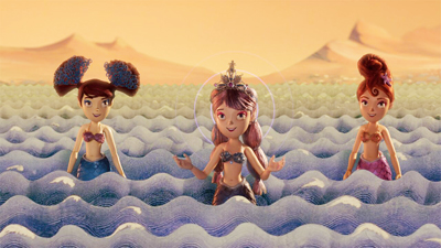 Three animated mermaids with different hair styles floating in a stylized, wavy blue ocean under a sunset sky.