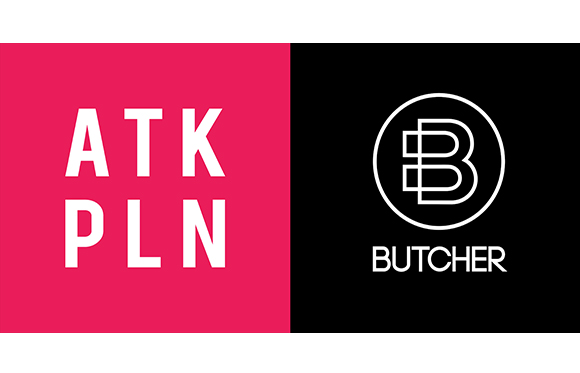 A split graphic with pink background containing white text 'ATK PLN' and black background with a white logo.