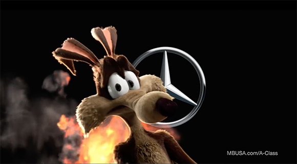 A wide-eyed cartoon coyote stands before a Mercedes-Benz emblem against a dark background with fire.