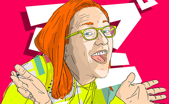 Illustration of a person with bright orange hair and yellow glasses smiling against a pink background.