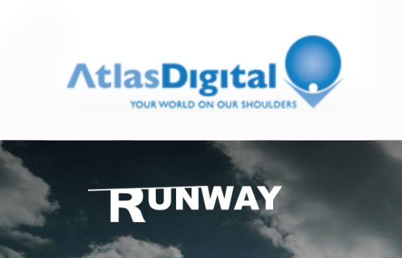 Atlas Digital logo with a blue sphere icon above the word RUNWAY against a dark cloudy sky.