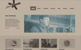 Website layout with a navigation menu, a large banner of Captain Kirk, and four category thumbnails below.
