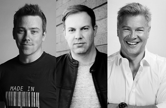 Three black and white headshots of men side by side, from left to right: serious, neutral, and smiling.