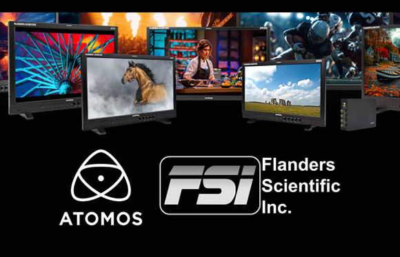 Logos for Atomos and Flanders Scientific Inc. above various professional video monitors displaying colorful imagery.