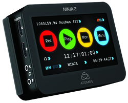 Atomos Ninja 2 monitor displaying colorful recording and playback control buttons on its screen.
