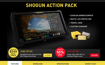 Promotional banner for Shogun Action Pack featuring a monitor and various accessories.