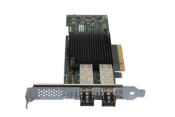 A green circuit board expansion card featuring a large black heatsink and two metal ports.