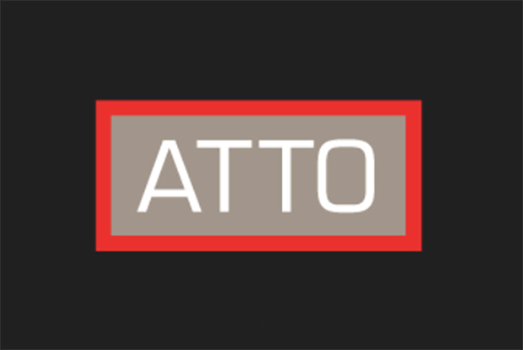 The word ATTO in white sans-serif font inside a gray rectangle with a red border on a black background.