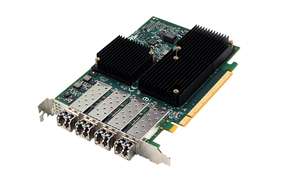 An electronic circuit board with two large black heatsinks and four silver metal ports on a metal bracket.