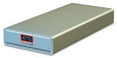 A rectangular, light gray ATTO technology hardware device shown at an angle.