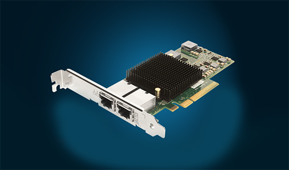 A computer network interface card with a black heatsink and two Ethernet ports on a silver bracket.