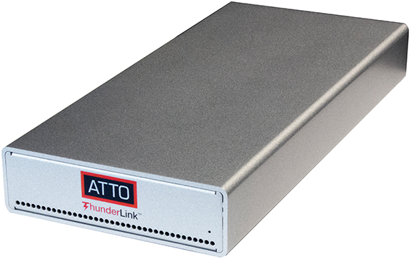 A rectangular silver ATTO ThunderLink hardware device shown at an angle against a white background.