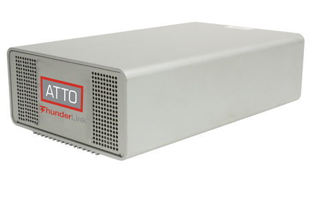 A silver rectangular ATTO ThunderLink hardware device with ventilation holes and a red logo.