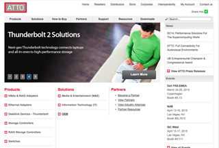 ATTO website homepage featuring a banner for Thunderbolt 2 Solutions and various product and partner links.