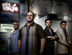 Four men in casual and formal attire standing in front of a club with a glowing Bada Bing sign.