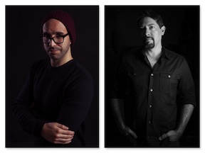 Two portrait photographs of men, one in color wearing a beanie and glasses, the other in black and white.