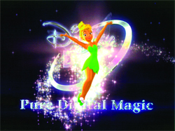 A fairy character flying amidst glowing sparkles and a luminous ring against a dark background.