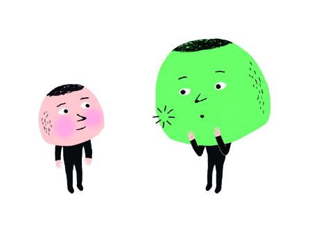 Two cartoon figures with large, round heads, one pink and one green, standing against a white background.