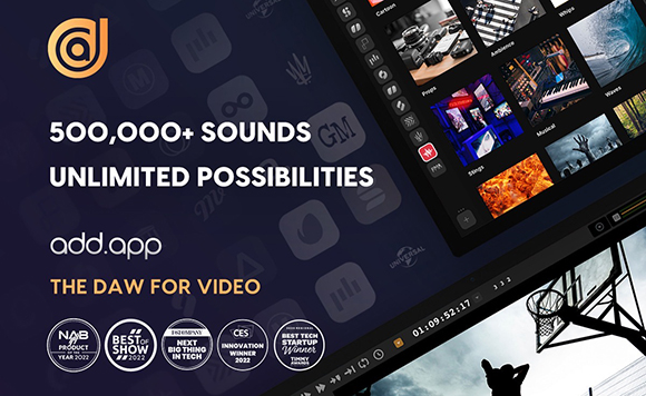 Promotional graphic for add.app showing a digital audio workstation interface and text about sound libraries.