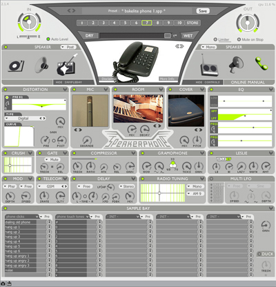 A complex digital audio workstation interface with various knobs, sliders, and buttons in shades of grey.