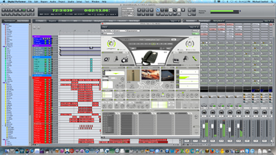 A digital audio workstation software interface displaying multiple tracks, mixing consoles, and plugin windows.