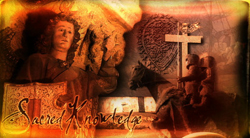 Collage featuring a stone statue of a figure, a cross, and knights on horseback in warm sepia tones.