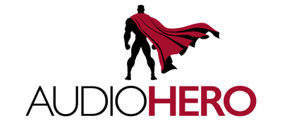 Silhouette of a muscular superhero with a flowing red cape above the text 'AUDIOHERO'.