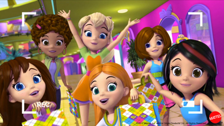 Five diverse animated girls smiling and posing with colorful shopping bags.