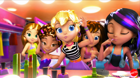 Five animated girl characters with colorful hair and outfits posing near makeup bottles.