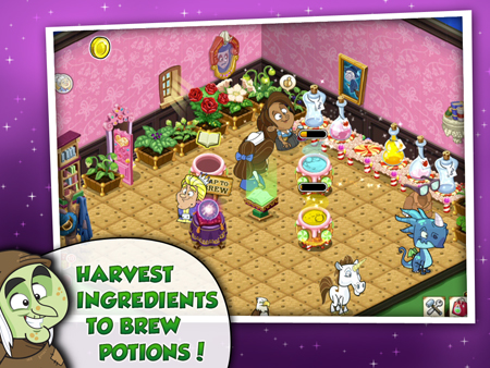 Cartoon game scene of a character in a pink room filled with ingredients, potions, and brewing equipment.