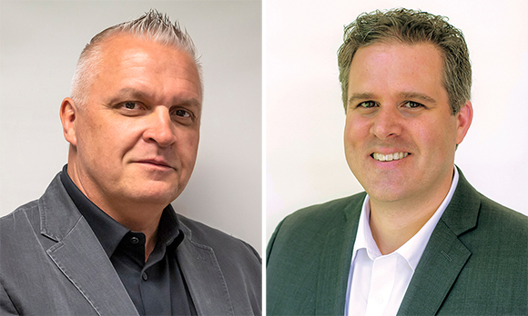 Two men in professional attire posing for headshots against light backgrounds.
