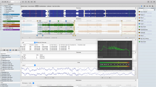 A complex digital audio workstation software interface displaying multiple waveform tracks and spectral data.