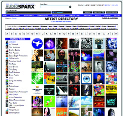 A webpage displaying an alphabetical artist directory with a grid of various album cover thumbnails.