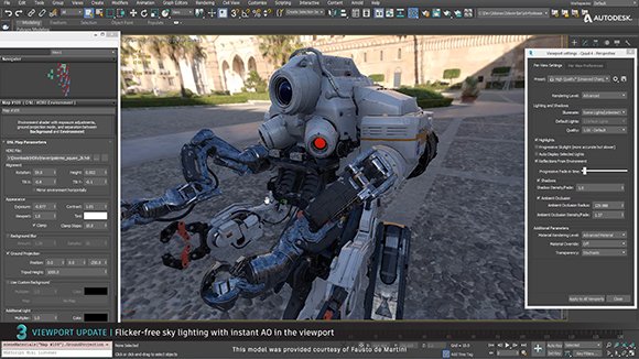 3D software interface showing a detailed grey robotic character in a desert environment.