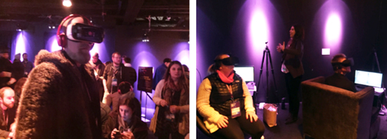 Two scenes show people wearing virtual reality headsets. In the left scene, a man in a furry coat is in the foreground. In th